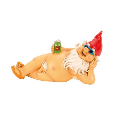 Tuinkabouter beeld Happy Nudist - Polystone - Naakte liggend rode muts - 26 cm