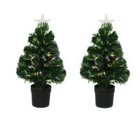 2x stuks fiber optic kerstboom/kunst kerstboom met verlichting en ster piek 60 cm - Kunstkerstboom - thumbnail