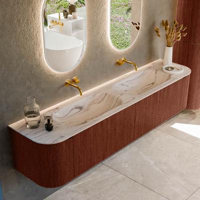 Badmeubel Mondiaz Kurve-Dlux | 200 cm | Meubelkleur Ruby | Wastafelkleur Nata | Solid surface | Wasbak beide zijden spoelbak | Zonder kraangat(en)