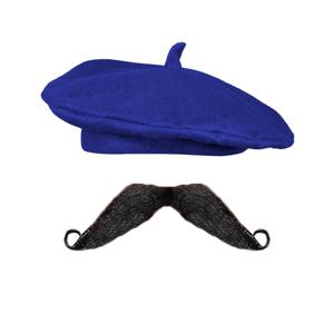 Carnaval verkleed set Fransman Francois - Baret blauw met Franse plaksnor - Heren