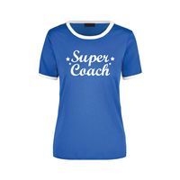 Super coach cadeau ringer t-shirt blauw met witte randjes voor dames - Einde schooljaar/verjaardag cadeau XL  - - thumbnail
