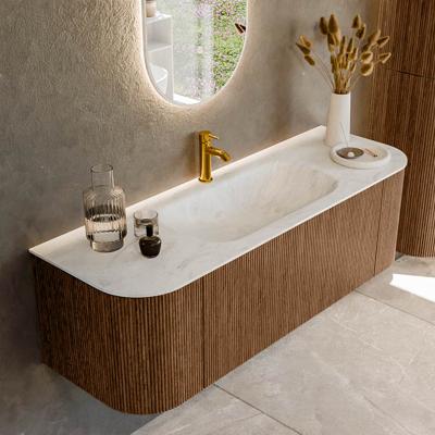 Mondiaz KURVE-DLUX 140 cm Onderkast Greeploos 1 Lade Met Deuren Walnut, Wastafel Solid Surface Midden Opalo 1 Kraangat Zonder Spiegel (KRVBGS140L+R1L2D1KM-Wal/Opa)