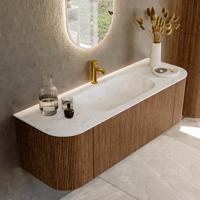 Mondiaz KURVE-DLUX 140 cm Onderkast Greeploos 1 Lade Met Deuren Walnut, Wastafel Solid Surface Midden Opalo 1 Kraangat Zonder Spiegel (KRVBGS140L+R1L2D1KM-Wal/Opa)