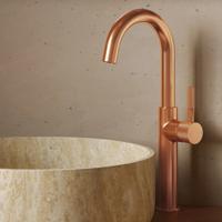 Wastafelkraan SaniClear Highriser Curved | Opbouw | Mengkraan | Hoog model | Geborsteld koper