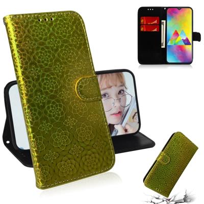 Voor Galaxy M20 effen kleur kleurrijke magnetische Buckle horizontale Flip PU lederen draagtas met houder & kaartsleuven & portemonnee & Lanyard (goud