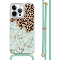 iPhone 14 Pro Max hoesje met mint koord - Luipaard marmer mint iPhone 14 Pro Max hoesje met mint koord - Luipaard marmer mint