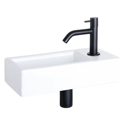 Differnz Hura fonteinset - 38.5x18.5x9cm - Rechthoek - 1 kraangat - Zwart mat gebogen kraan - Keramiek Wit 38.004.90