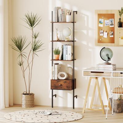 5-laags Ladderrek met Lade & Metalen Frame Wandgemonteerde Boekenplank Bruin