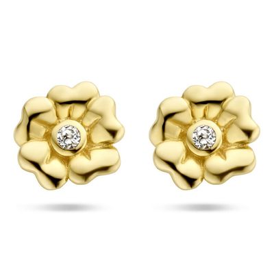 Oorknoppen Bloem geelgoud-zirconia wit 6,5 mm