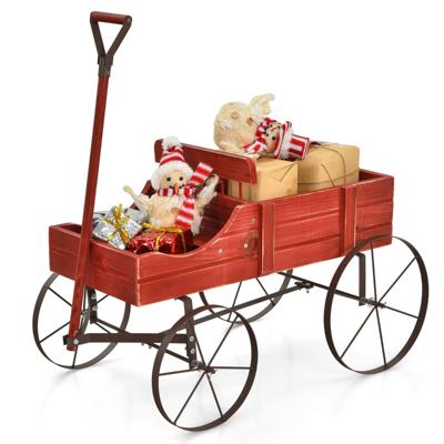 Houten Bolderkar Bloem/Plantenbak Decoratieve Pot Standaard met Wielen en 2 Planten Secties Buiten Tonnetje Planter Rood