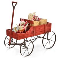 Houten Bolderkar Bloem/Plantenbak Decoratieve Pot Standaard met Wielen en 2 Planten Secties Buiten Tonnetje Planter Rood