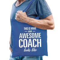 Cadeau tas voor coach/trainer - blauw - katoen - 42 x 38 cm - geweldige coach - thumbnail