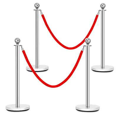 4 Stuks Afzetpaal Set Ronde Top Gepolijst Roestvrij Afzetpaal Wachtrij Paal met 150cm Rood Fluwelen Touw Menigte Controle Barrière