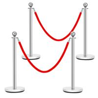 4 Stuks Afzetpaal Set Ronde Top Gepolijst Roestvrij Afzetpaal Wachtrij Paal met 150cm Rood Fluwelen Touw Menigte Controle Barrière