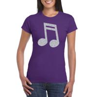 Muziek thema feestkleding t-shirt - met zilveren muzieknoot - paars - voor dames
