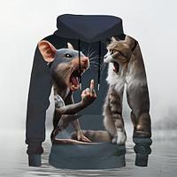 dier Grappig Voor heren Modieus 3D-afdrukken Trui met capuchon Hoodies Zwart Strakke ronde hals Herfst Winter Ontwerper Sweatshirt met capuchon Lightinthebox