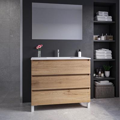 Adema Chaci PLUS Badkamermeubelset - 100x86x46cm - 1 rechthoekige keramische wasbak wit - 1 kraangat - 3 lades - rechthoekige spiegel - eiken SW1212803/SW804532/SW724612