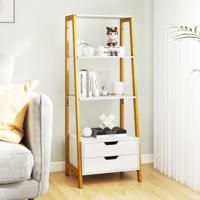 Vrijstaand Ladderrek 134 cm Boekenrek met 4 Open Planken en 2 Lades Veelzijdige Staande Kast Wit