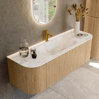 Mondiaz KURVE-DLUX 140 cm Onderkast Greeploos 1 Lade Met Deuren Oak, Wastafel Solid Surface Midden Frappe 1 Kraangat Zonder Spiegel (KRVBGS140L+R1L2D1KM-Oak/Fra)