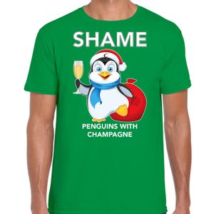 Pinguin Kerst t-shirt / outfit Shame penguins with champagne groen voor heren