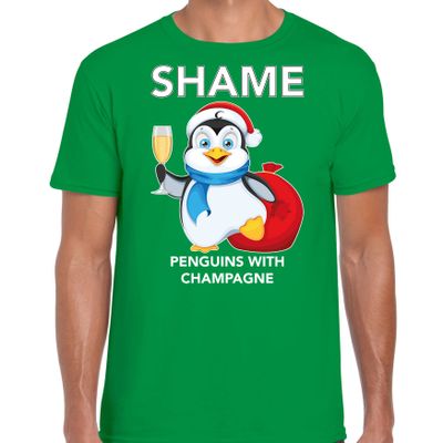 Pinguin Kerst t-shirt / outfit Shame penguins with champagne groen voor heren Pinguin Kerst t-shirt / outfit Shame penguins with champagne groen voor heren