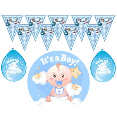 Geboorte baby jongen thema versiering - 19 artikelen - blauw - binnen - slingers - ballonnen - bord