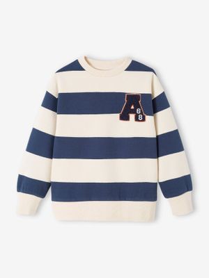 Groot gestreept jongenssweatshirt met badge in bouclé nachtblauw