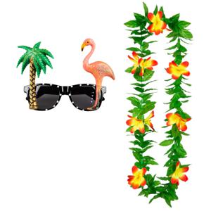 Tropische Hawaii party verkleed accessoires set - Funny zonnebril - en bloemenkrans groen/geel