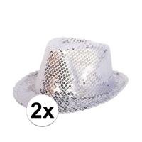 Folat Trilby Hoedje zilver - 2x - glitter - volwassenen - gleufhoedje - feesthoedje - pailletten