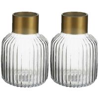 Bloemenvazen 2x stuks - luxe decoratie glas - transparant/goud - 14 x 22 cm - thumbnail