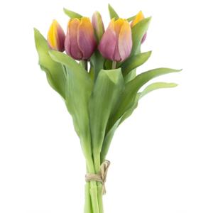 Kunst tulpen boeket Vermeer - 5x stuks - geel/paars - real touch - 31 cm - kunst zijdebloemen