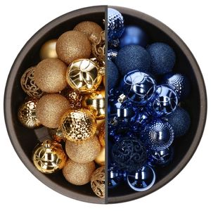 74x stuks kunststof kerstballen mix van goud en kobalt blauw 6 cm