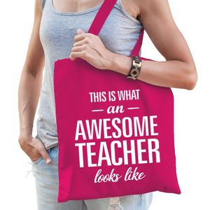 Katoenen cadeau juf tasje awesome teacher fuchsia roze