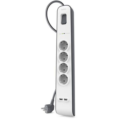 Spanningsbeveiliger met 4 stopcontacten en 2 USB-poorten Stekkerdoos