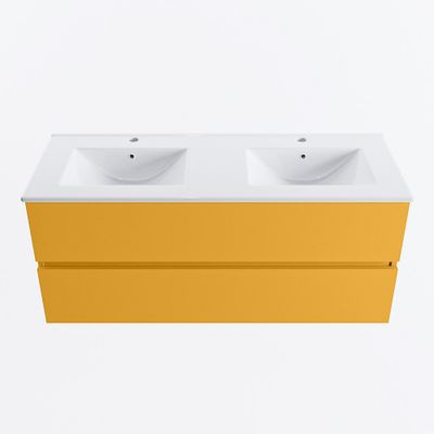 MONDIAZ VICA 120cm badmeubel onderkast Ocher 2 lades. Wastafel DENIA dubbel 2 kraangaten, kleur Glanzend Wit.
