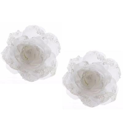 Kerst bloem - 8x - op clip - wit - glitter - D14 cm - kunststof - kerstversiering - kerstbloem