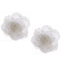 Kerst bloem - 8x - op clip - wit - glitter - D14 cm - kunststof - kerstversiering - kerstbloem