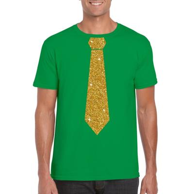 Groen fun verkleedkleding t-shirt - met stropdas - in glitter goud - heren - korte mouwen