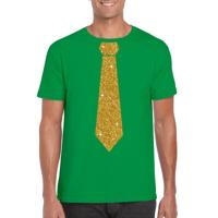 Groen fun verkleedkleding t-shirt - met stropdas - in glitter goud - heren - korte mouwen
