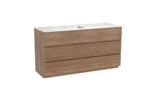 Storke Edge staand badmeubel 150 x 52 cm ruw eiken met Mata asymmetrisch linkse wastafel in solid surface mat wit