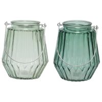 Set van 2x stuks theelichthouders/waxinelichthouders glas zeegroen en mistgroen 11 x 13 cm