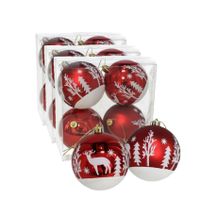 12x stuks gedecoreerde kerstballen rood kunststof 8 cm - thumbnail