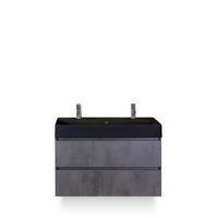 Maxx XL Badmeubelset 100 cm - Beton Antraciet - Wastafel Kube Zwart 2 kraangaten