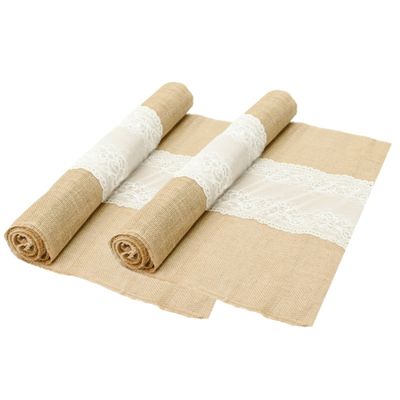 Jute tafelloper - 2x - met wit kant - 60 x 300 cm - extra breed