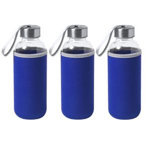 6x Stuks glazen waterfles/drinkfles met blauwe softshell bescherm hoes 420 ml