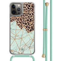 iPhone 12 (Pro) hoesje met mint koord - Luipaard marmer mint