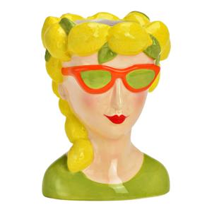 Bloempot/vaas vrouwenhoofd - citroenen meisje - geel - keramiek - 12 x 17 cm
