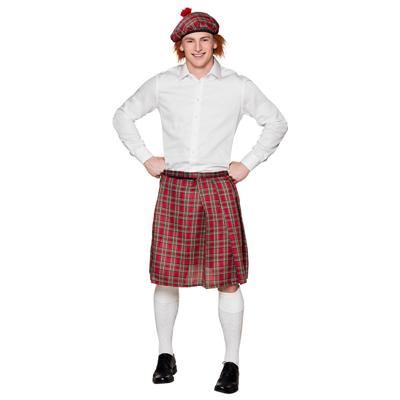 Schotse verkleed kilt met baret - rood - heren - Schotland rok - verkleedkleding - Carnavalskleding