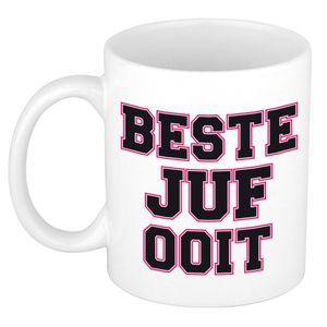 Beste juf ooit cadeau mok / beker wit en roze - verjaardag / bedankt kado juf   -