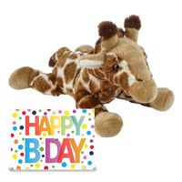 Verjaardag cadeau giraffe 25 cm met XL Happy Birthday wenskaart